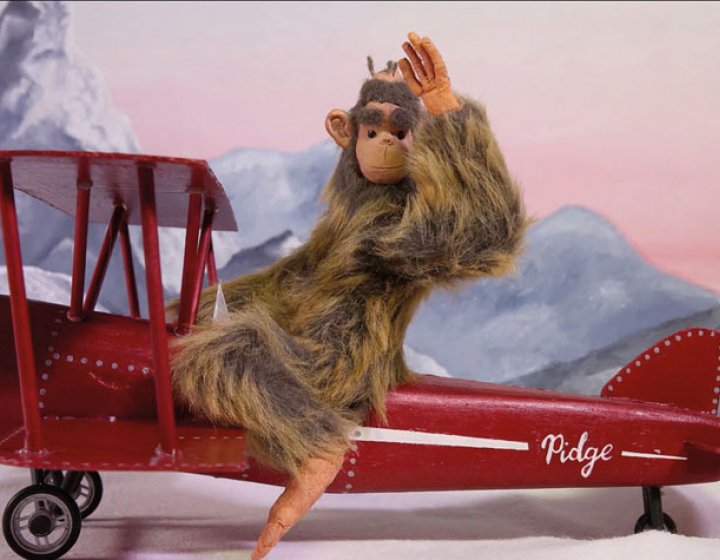 Animation of a monkey sitting on a red plane and waving